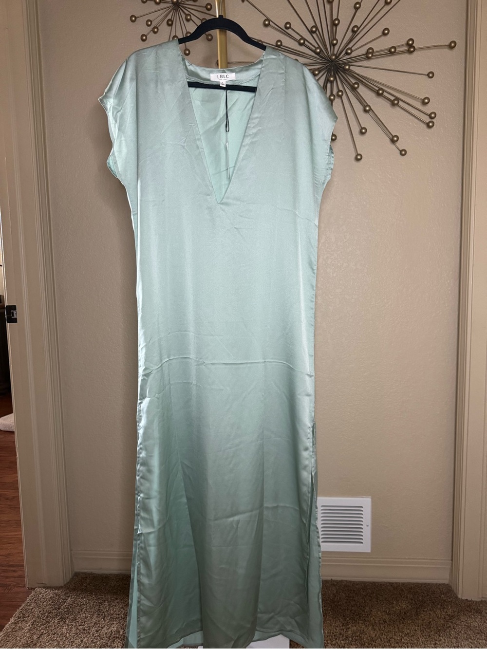 LBLC the label Mint Green Satin V-Neck Maxi Dress